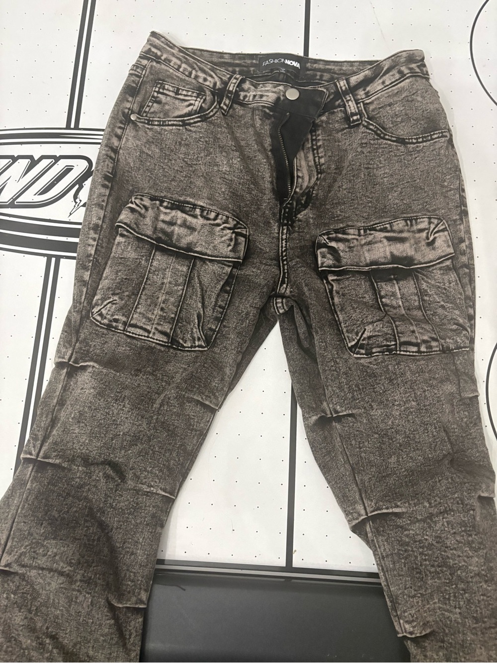 Fashion Nova Women's Distressed grey Cargo Flare Pants